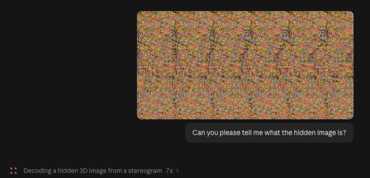 Claude being asked what the hidden image in a stereogram is