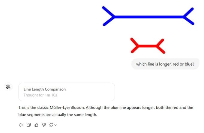 An LLM answering a Müller-Lyer illusion question
