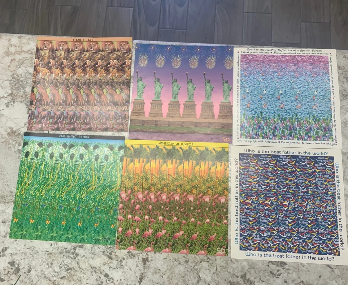 Physical stereogram cards laid out on the floor